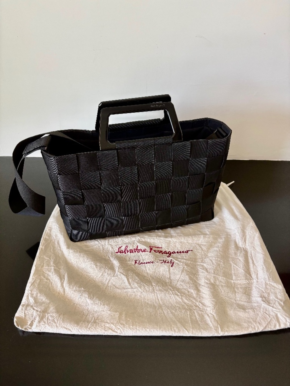 Salvatore Ferragamo Vintage Woven Nylon Top Handle Crossbody Tote Black